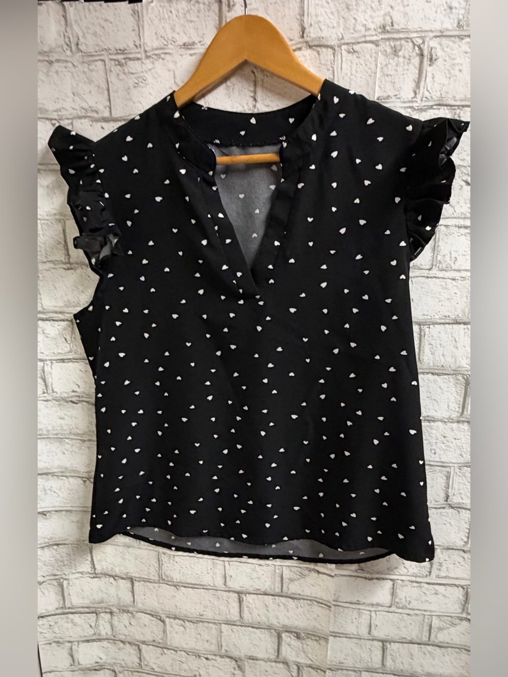 Black Heart-Print V-Neck Ruffle Sleeve Blouse